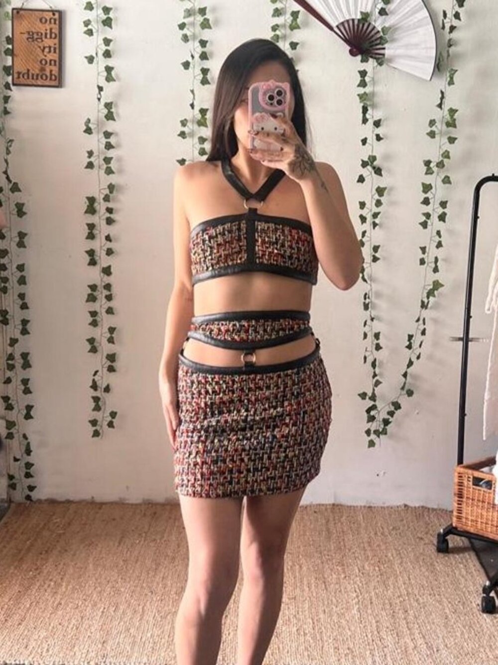 NWT Kimcine 2-piece tweed set with faux leather trim and gold ring hardware S